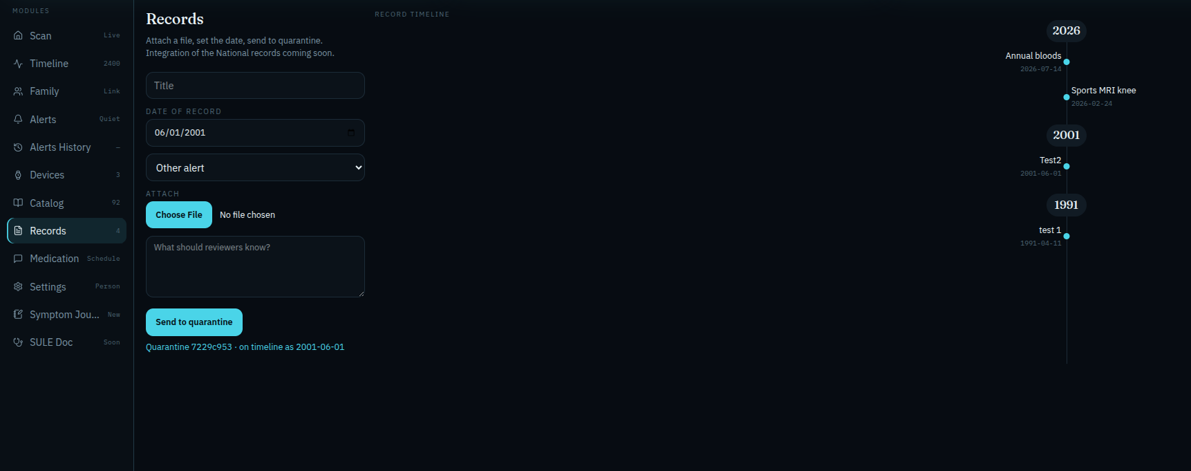 Records and quarantine timeline on the S U L E Client